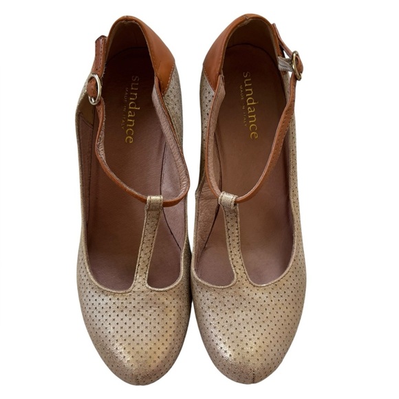 Sundance T-Strap Maryjane Wedge metallic bronze nubuck and cognac leather 39 - Picture 3 of 16